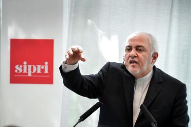 Iran's Foreign Minister Javad Zarif gives a lecture at the Stockholm International Peace Research Institute in Stockholm, Sweden. AP