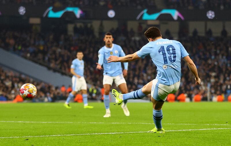 Julian Alvarez takes the shot that led to Manchester City's second goal. Reuters