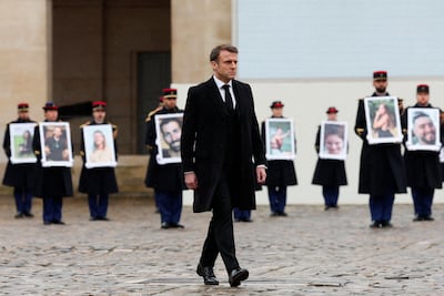 President Emmanuel Macron during a ceremony paying tribute to the French victims of the attack by Hamas on October 7. AFP