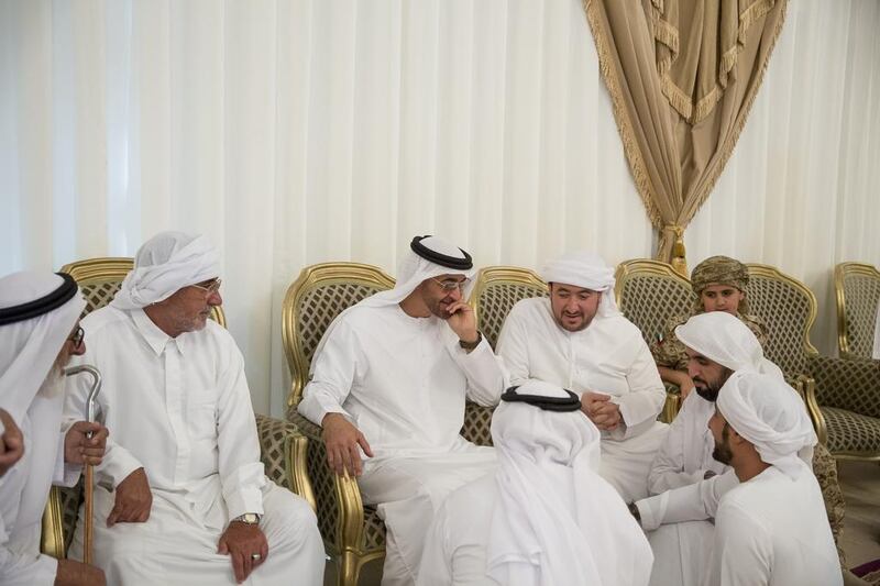 Sheikh Mohammed bin Zayed, Crown Prince of Abu Dhabi and Deputy Supreme Commander of the Armed Forces, offers condolences to the family of Hassan Abdullah Al Bishir, who died while serving the UAE Armed Forces in Yemen on Tuesday. Mohamed Al Hammadi / Crown Prince Court — Abu Dhabi