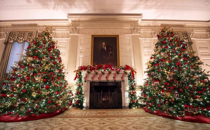 Christmas trees in the State Dining room at the White House holiday decorations in Washington. AFP