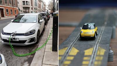 Plans for a road which charges electric vehicles on the move have drawn comparisons with the classing car racing game, Scalextric. Getty/Alamy