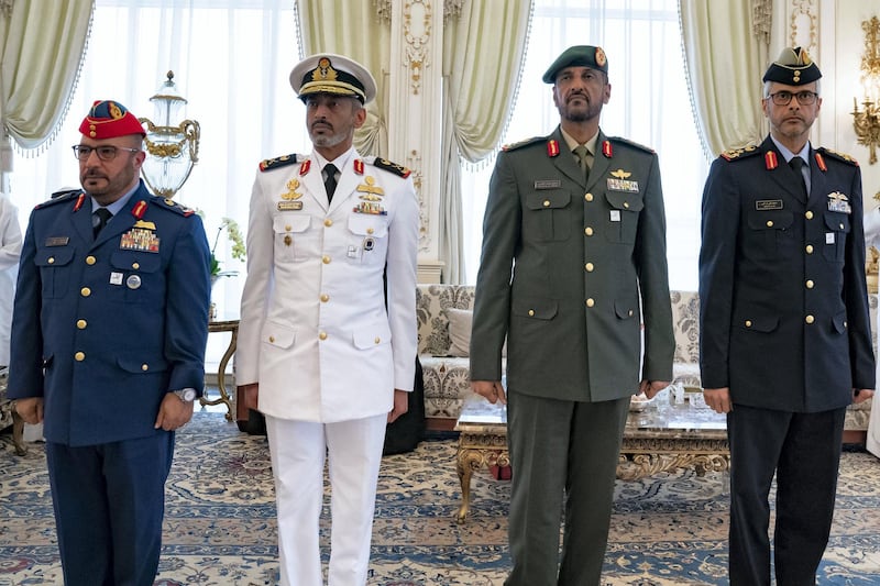 ABU DHABI, UNITED ARAB EMIRATES - April 08, 2019: (L-R) HE Major General Ibrahim Nasser Al Alawi, Commander of the UAE Air Forces and Air Defence, Rear Admiral Pilot HH Sheikh Saeed bin Hamdan bin Mohamed Al Nahyan, Commander of the UAE Naval and HE Brigadier General Saleh Mohamed Saleh Al Ameri, Commander of the UAE Ground Forces, attend a Sea Palace barza.

( Mohamed Al Hammadi / Ministry of Presidential Affairs )
---