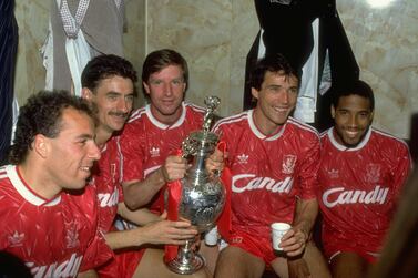 1 May 1990: (L-R) Ronnie Rosenthal, Ian Rush, Ronnie Whelan, Alan Hansen and John Barnes of Liverpool celebrate after the Barclays League Division One match against Derby County at Anfield in Liverpool, England. Liverpool won the match 1-0 and became league champions. \ Mandatory Credit: Dan Smith /Allsport
