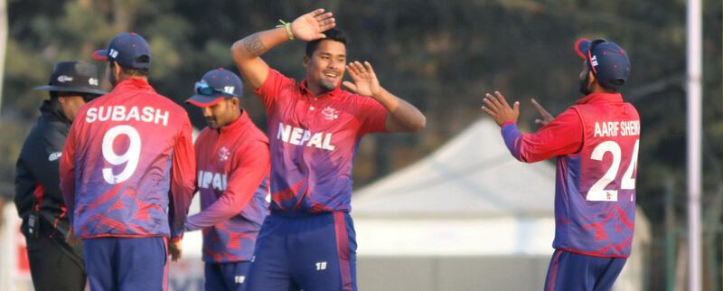 Team Nepal celebrate during the ICC Cricket World Cup League 2 match between USA and Nepal at TU Cricket Stadium on 8 Feb 2020 in Nepal (3)