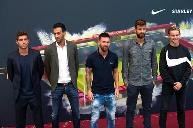 Sergi Roberto, Sergio Busquets, Lionel Messi, Gerard Pique and Frenkie De Jong pose at the launch of the Johan Cruyff Stadium. EPA