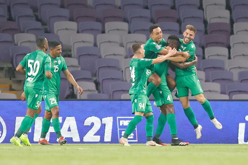 Khor Fakkan celebrate after Kouame Autonne (No 4) gives them the lead over Al Ain in the Arabian Gulf Cup at Hazza bin Zayed Stadium. Courtesy Pro League Committee
