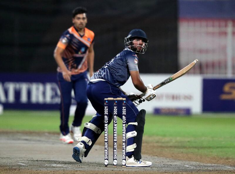 Pacific Group's Lovepreet bats in the Sharjah Ramadan Cup game between MGM Cricket Club v Pacific Group in Sharjah on April 27th, 2021. Chris Whiteoak / The National. 
Reporter: Paul Radley for Sport