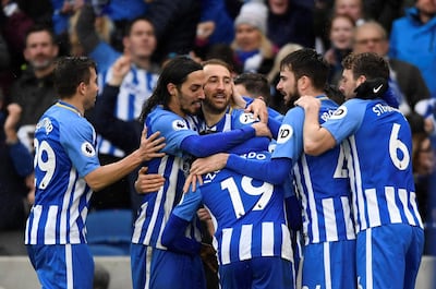 Soccer Football - Premier League - Brighton & Hove Albion vs AFC Bournemouth - The American Express Community Stadium, Brighton, Britain - January 1, 2018   Brighton's Glenn Murray celebrates scoring their second goal with team mates          Action Images via Reuters/Tony O'Brien    EDITORIAL USE ONLY. No use with unauthorized audio, video, data, fixture lists, club/league logos or "live" services. Online in-match use limited to 75 images, no video emulation. No use in betting, games or single club/league/player publications.  Please contact your account representative for further details.