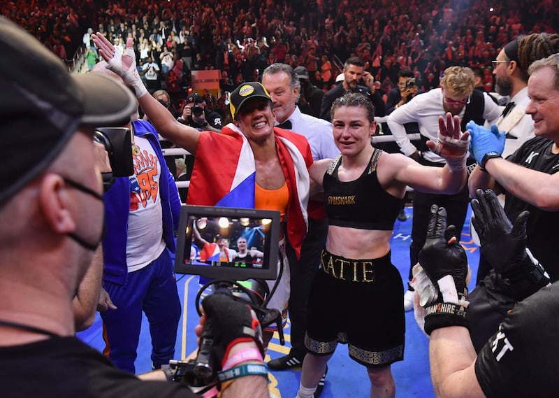 Katie Taylor and Amanda Serrano together following their fight at Madison Square Garden. AFP