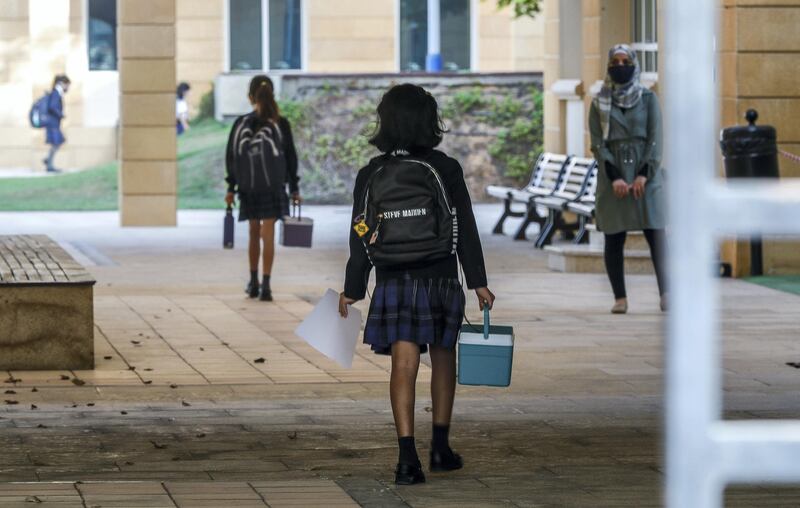 Abu Dhabi, United Arab Emirates, August 30, 2020.  Children return to school on Sunday after months off due to the Covid-19 pandemic at the Brighton College, Abu Dhabi.Victor Besa /The NationalSection:  NAReporter:  Haneen Dajani