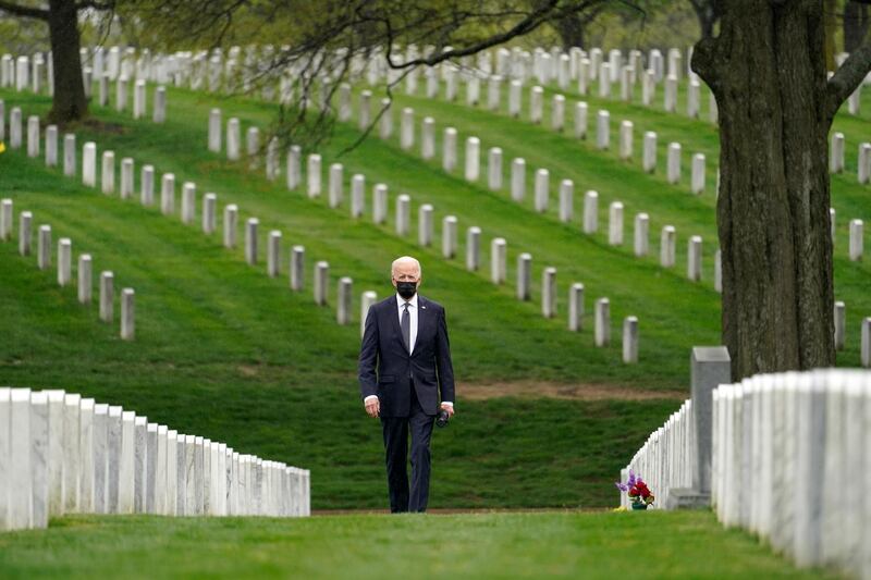 US President Joe Biden visits Section 60 of Arlington National Cemetery in Arlington. Biden announced the withdrawal of US troops from Afghanistan by September 11 – 20 years after the terrorist attacks on the US. AP