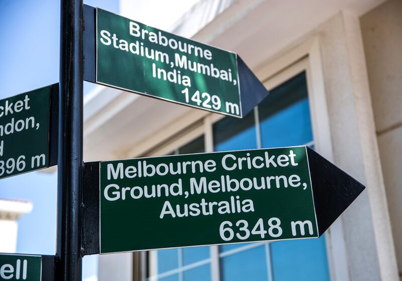 Signs pointing to directions of some famous cricket stadiums at the Cricket Museum of Shayam Bhatia in Dubai.