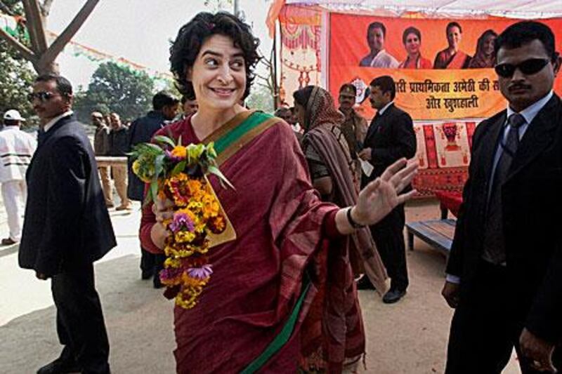 Priyanka Gandhi, the sister of Rahul Gandhi, the Congress Party's candidate in Uttar Pradesh, gestures during the party's election rally in Amethi.