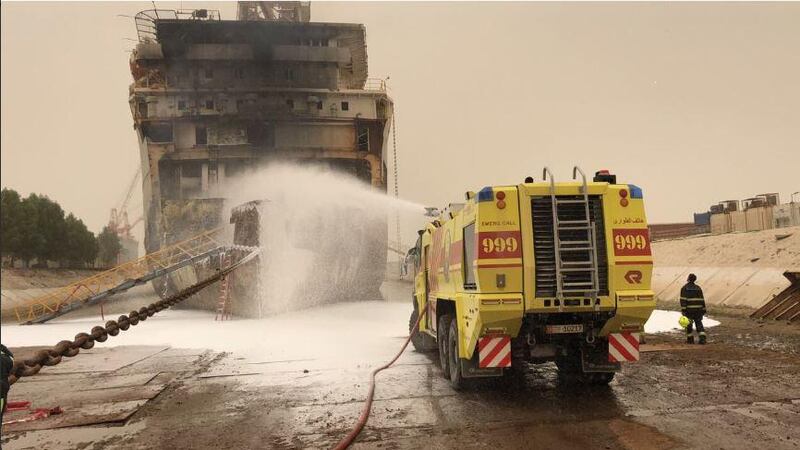 Emergency services tackle a blaze on a ship in Mussaffah, Abu Dhabi. Courtesy Abu Dhabi Civil Defence 