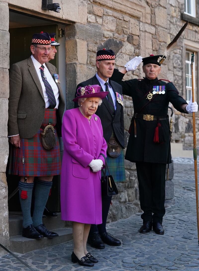 Queen Elizabeth II, wearing purple, after officially opening the Argyll and Sutherland Highlanders Museum at Stirling Castle June 29, 2021, in Stirling, Scotland. Getty Images