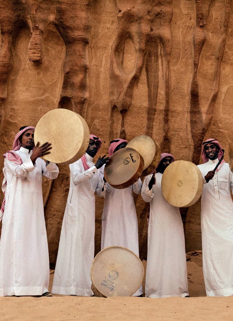 Habitas AlUla hosts performances by local percussionists, who share the art of traditional folklore drum circles. Photo: Habitas AlUla / Kleinjan Groenewald