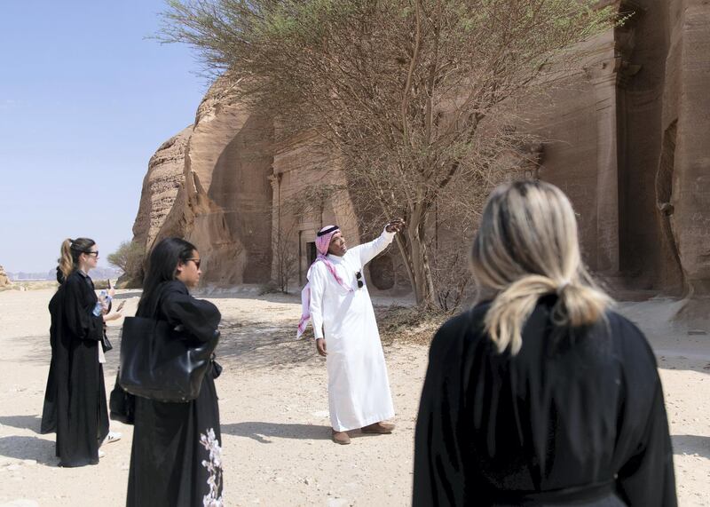 RIYADH, KINGDOM OF SAUDI ARABIA. 29 SEPTEMBER 2019. 
Sulaiman Al Juwayhil, tour guide in Al Ula, giving a tour in Madaen Saleh.
(Photo: Reem Mohammed/The National)

Reporter:
Section: