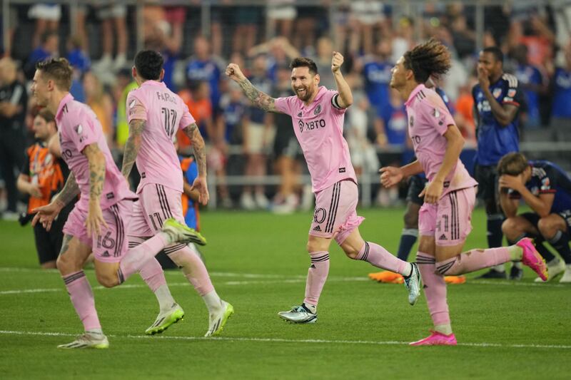 Lionel Messi celebrates with Inter Miami teammates after the victory over Cincinnati in the US Open semi-finals. Reuters