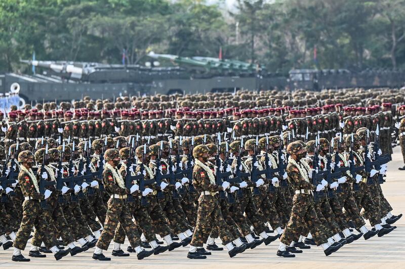 The army will 'annihilate' coup opponents, the junta chief said on Sunday as the military staged a show of force on the anniversary of its bloodiest crackdown so far on democracy protests. AP