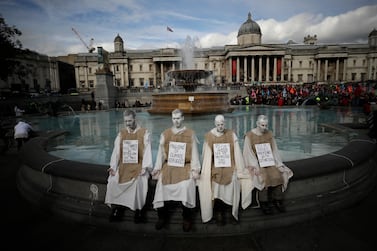 Extinction Rebellion climate change protesters demonstrate during a rally in Trafalgar Square despite a police ban. AP