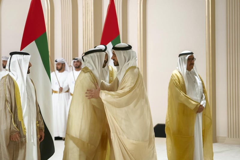 DUBAI, UNITED ARAB EMIRATES - June 06, 2019: HH Sheikh Abdullah bin Zayed Al Nahyan UAE Minister of Foreign Affairs and International Cooperation (2nd R) attends the wedding reception of HH Sheikh Hamdan bin Mohamed Al Maktoum, Crown Prince of Dubai (2nd L), HH Sheikh Maktoum bin Mohamed bin Rashid Al Maktoum, Deputy Ruler of Dubai (now shown) and HH Sheikh Ahmed bin Mohamed bin Rashed Al Maktoum (not shown), at Dubai World Trade Centre.

( Abdullah Al Junaibi for Ministry of Presidential Affairs )
---