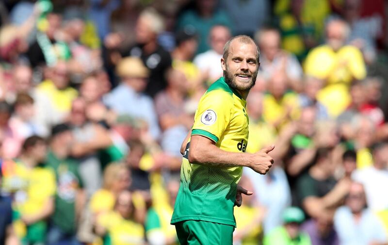 Norwich's Teemu Pukki celebrates scoring their second goal and his fifth of the season. Reuters