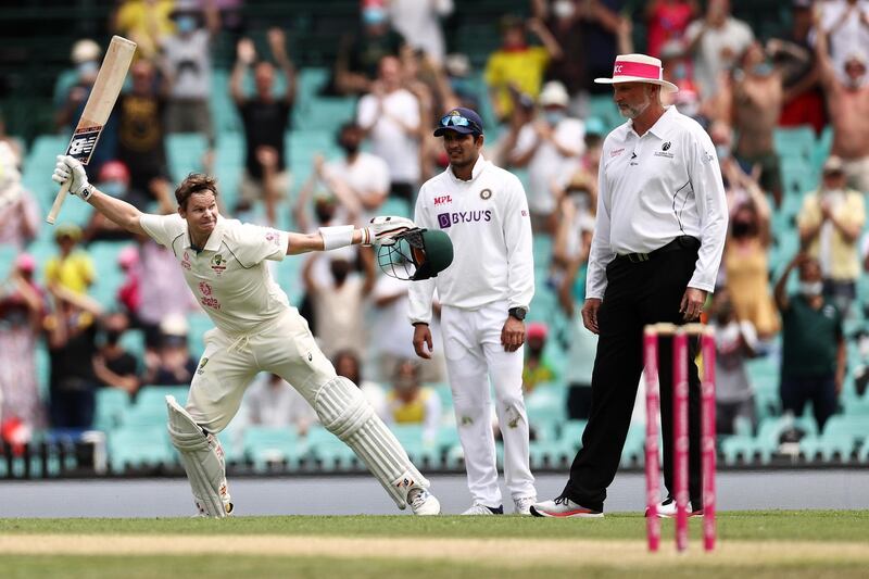 Australia batsman Steve Smith celebrates his century during Day 2 of the third Test against India at Sydney Cricket Ground on Friday, January 8.