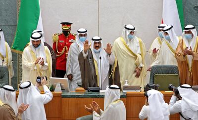 New Kuwaiti Crown Prince Sheikh Meshal Al Sabah takes the oath at the parliament in 2020. AFP