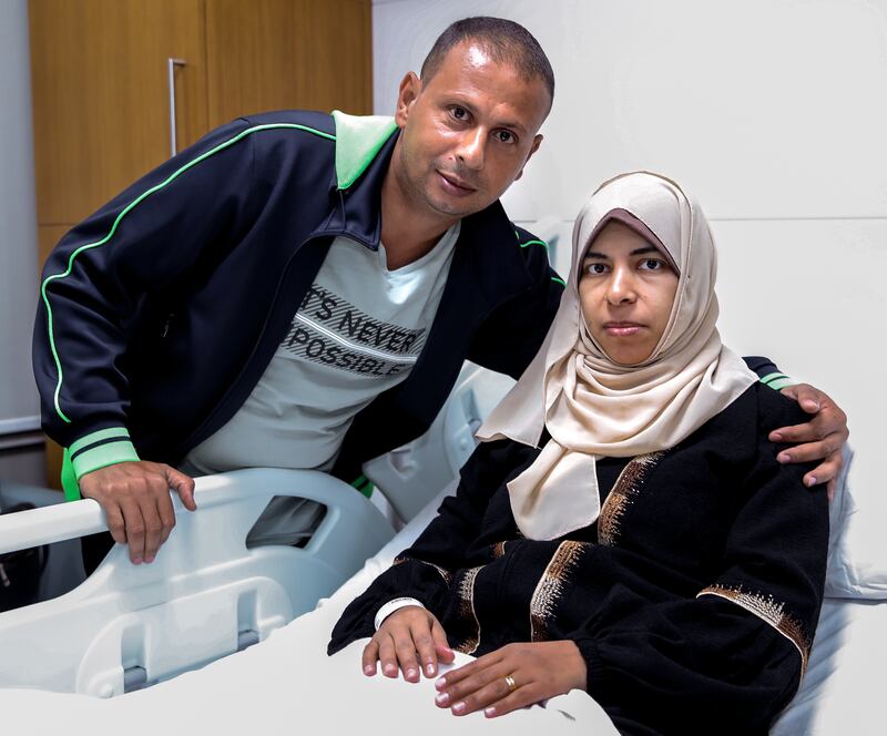 Huwaida Mohammed Abo Mostafa, 38, was diagnosed with breast cancer in September. She is receiving treatment at an Abu Dhabi hospital, accompanied by her husband Mohammed, 40