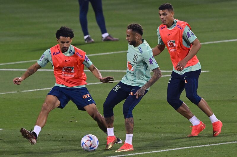 Brazil's Marquinhos, Neymar and Thiago Silva train. AFP