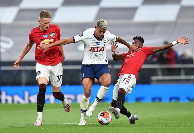 Scott McTominay and Fred challenge Erik Lamela during the Premier League game between Manchester United and Tottenham. EPA