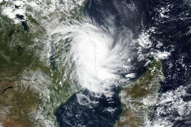 Tropical Cyclone Kenneth approaches the coast of Mozambique in this April 25, 2019 handout satellite image. NASA/Handout via REUTERS