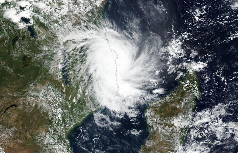 Tropical Cyclone Kenneth approaches the coast of Mozambique in this April 25, 2019 handout satellite image.   NASA/Handout via REUTERS ATTENTION EDITORS - THIS IMAGE WAS PROVIDED BY A THIRD PARTY.