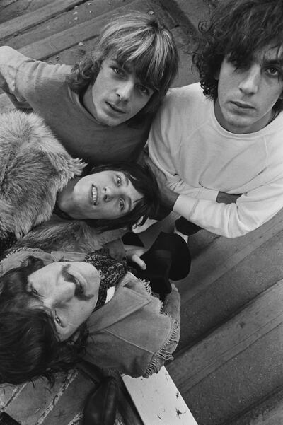 English rock band Pink Floyd photographed at the Casa Madrona Hotel, Sausalito, CA, November 1967. From left to right: Roger Waters, Nick Mason, Richard Wright, Syd Barrett.  (Photo by Baron Wolman/Iconic Images/Getty Images) *** Local Caption ***  rv03de-music-floyd01.jpg