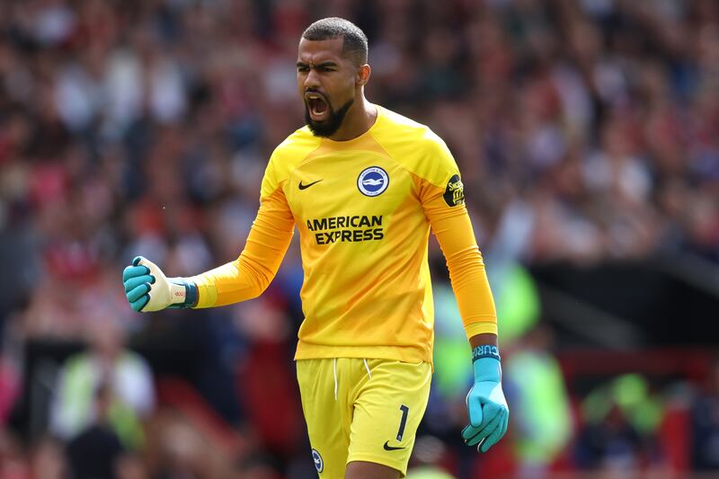 Brighton goalkeeper Robert Sanchez celebrates the second goal. Getty