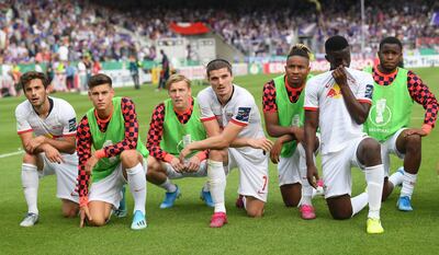 OSNABRUECK, GERMANY - AUGUST 11: The players of Leipzig celebrate after winning the DFB Cup first round match between VfL Osnabrueck and RB Leipzig at Stadion an der Bremer Brücke on August 11, 2019 in Osnabrueck, Germany. (Photo by Stuart Franklin/Bongarts/Getty Images)