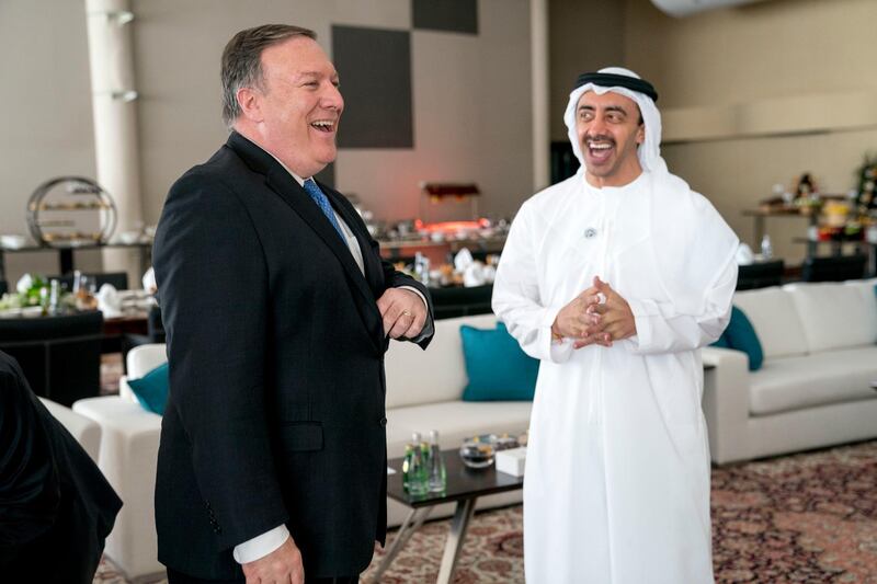 Sheikh Abdullah shares a laugh with Mr Pompeo at the Al Shati Palace. AP Photo