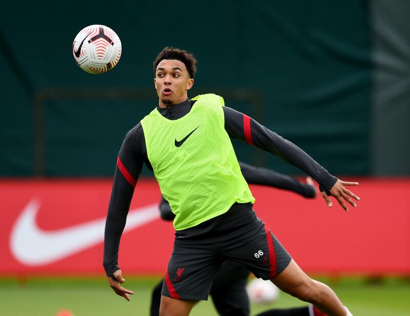 LIVERPOOL, ENGLAND - OCTOBER 02: (THE SUN OUT, THE SUN ON SUNDAY OUT) Trent Alexander-Arnold of Liverpool during a training session at Melwood Training Ground on October 02, 2020 in Liverpool, England. (Photo by Andrew Powell/Liverpool FC via Getty Images)