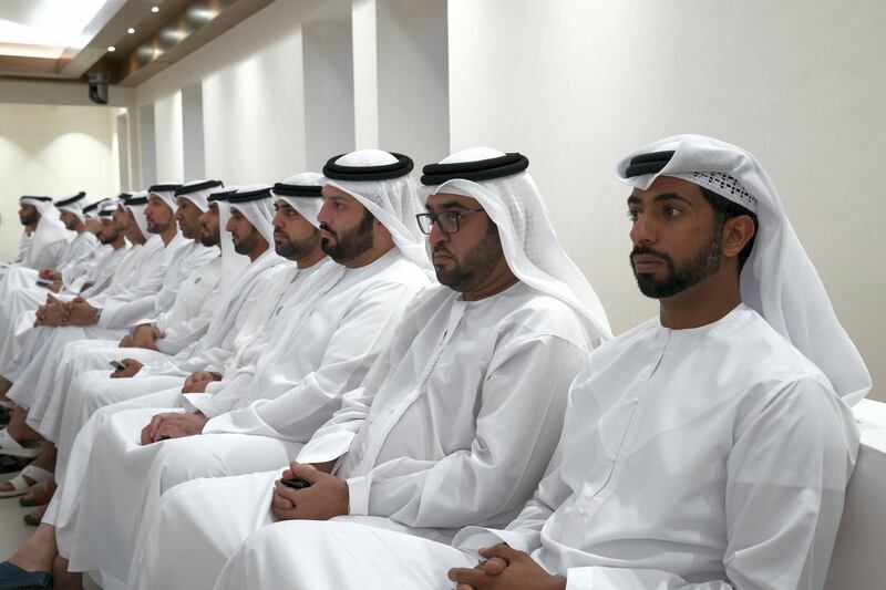 ABU DHABI, UNITED ARAB EMIRATES - May 28, 2018: HH Sheikh Mohamed bin Nahyan bin Mubarak Al Nahyan (R) and HH Sheikh Mohamed bin Hamdan bin Zayed Al Nahyan (2nd R), attend a lecture by Professor Hugh Herr (not shown), titled ‘The New Era of Extreme Bionics’, at Majlis Mohamed bin Zayed.
 ( Mohamed Al Hammadi / Crown Prince Court - Abu Dhabi )
---