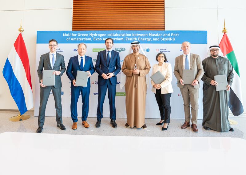 Dr Sultan Al Jaber with Netherlands Foreign Minister Wopke Hoekstra, third from left, Masdar chief executive Mohamed Al Ramahi, right, and other officials at the signing of the agreement. Photo: Masdar