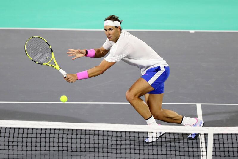 Abu Dhabi, United Arab Emirates - Reporter: Jon Turner: Rafael Nadal plays a shot during the final between Rafael Nadal v Stefanos Tsitsipas at the Mubadala World Tennis Championship. Saturday, December 21st, 2019. Zayed Sports City, Abu Dhabi. Chris Whiteoak / The National