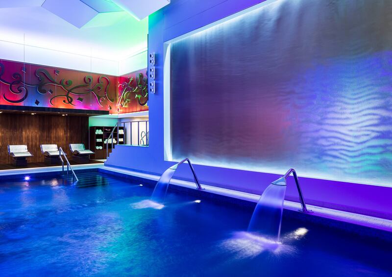 The 16-metre indoor swimming pool, which has soothing waterfalls and heated poolside relaxation loungers