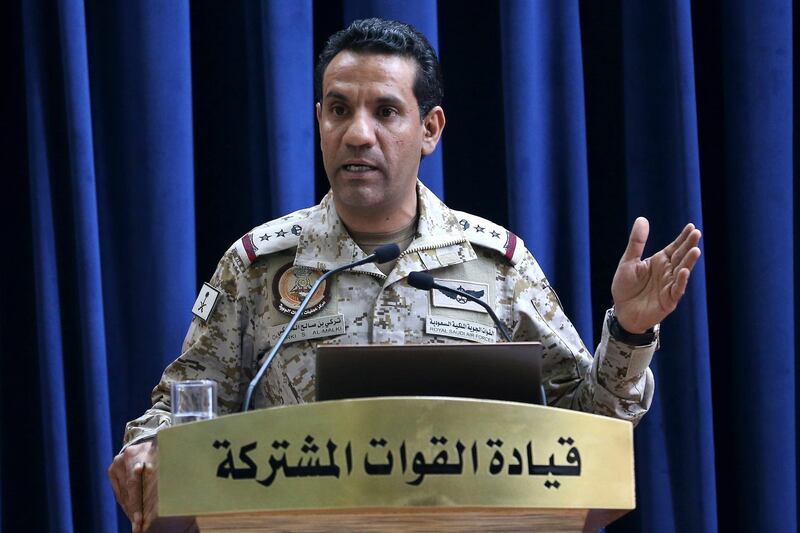 epa06976772 Colonel Turki al-Maliki, a spokesman for the Saudi-led coalition forces against al-Huthi forces, addressed a press conference at the security force's officers' club in Riyadh, Saudi Arabia, 27 August 2018. He said coalition forces were making significant progress on the land of Yemen. Two airstrikes on buses carrying children were added recently to the ongoing war in Yemen. According to UN figures, nearly three million people in Yemen have been forcibly displaced by escalating conflict since March 2015, when the Saudi-led military coalition began bombing the Houthi rebels and their allies across the impoverished Arab country.  EPA/AHMED YOSRI