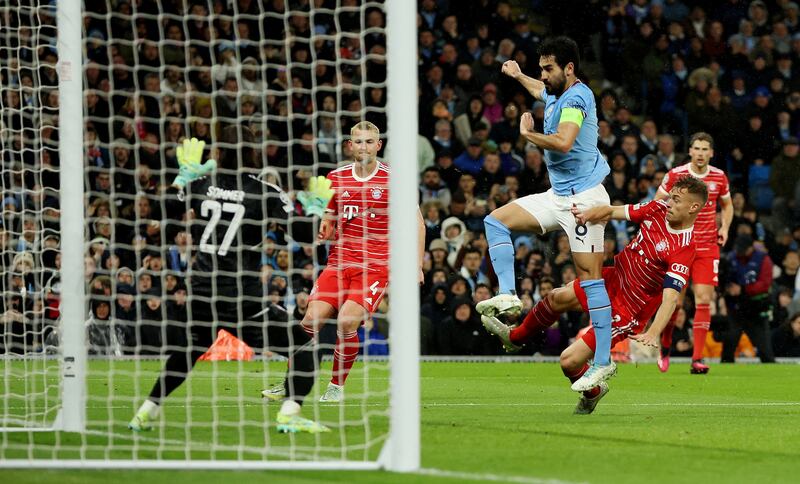 Manchester City's Ilkay Gundogan tangles with Bayern Munich's Joshua Kimmich. Reuters