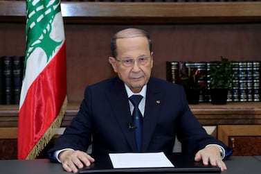 Lebanese President Michel Aoun talks on the eve of the country's 75th independence day at the presidential palace in Baabda, Lebanon November 21, 2018. REUTERS/Dalati Nohra/Handout via REUTERS ATTENTION EDITORS - THIS IMAGE WAS PROVIDED BY A THIRD PARTY