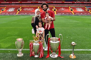 Mohamed Salah celebrates Liverpool's Premier League title win with his family at Anfield. Courtesy @MoSalah / Twitter