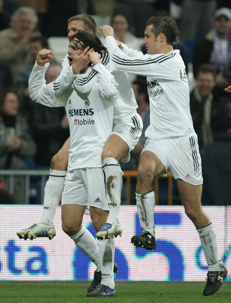 MADRID, SPAIN - JANUARY 23: Real's Santiago Solari carries David Beckham as they celebrate a goal with Ivan Helguera during the Primera Liga match between Real Madrid and Mallorca at the Bernabeu on January 23, 2005 in Madrid, Spain. (Photo by Denis Doyle/Getty Images)