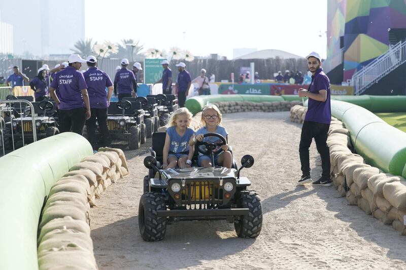 ABU DHABI, UNITED ARAB EMIRATES - MARCH 22, 2018. 

Buggy rides at The Mother of the Nation Festival.

Organised by the Department of Culture and Tourism, the festival is a celebration of the life of Sheikha Fatima bint Mubarak, wife of UAE Founding Father Sheikh Zayed, chairwoman of the General Women's Union, president of the Supreme Council for Motherhood and Childhood, and Supreme Chairwoman of the Family Development Foundation

(Photo: Reem Mohammed/ The National)

Reporter: 
Section:  NA 