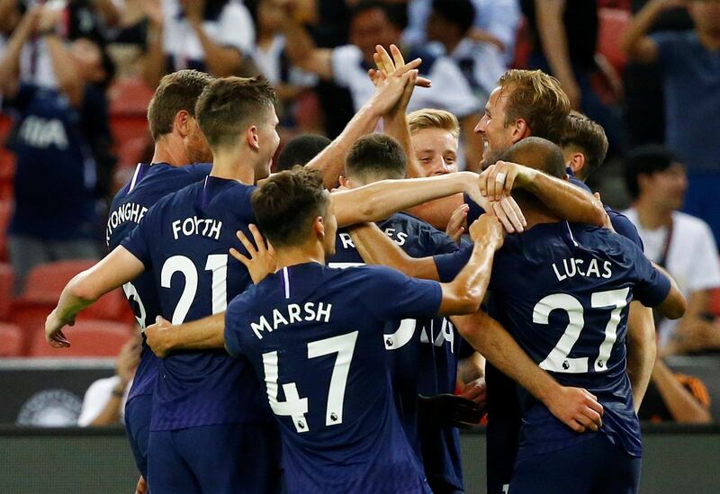 Tottenham celebrate Harry Kane's, right, late winner for Tottenham Hotspur against Juventus. The London side have had a solid pre-season as they look to build on an impressive 2019/20 season. Reuters